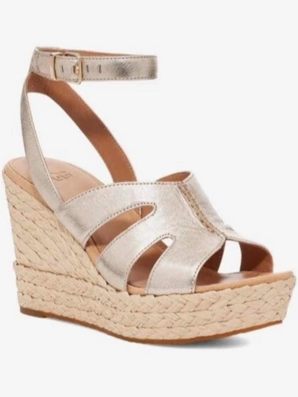 UGG Metallic Gold Espadrille Ankle-Strap Wedge Sandals